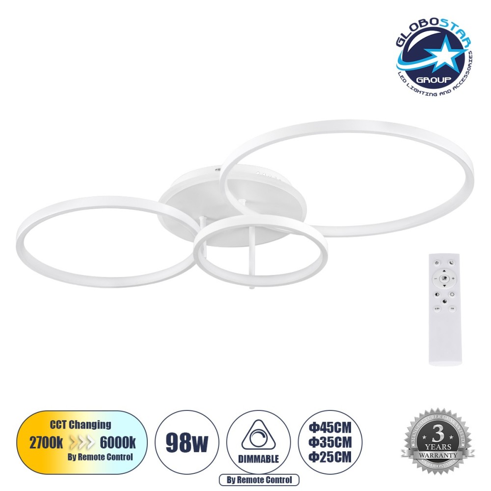 GLOBOSTAR® NEMESIS 61109 Μοντέρνο Φωτιστικό Οροφής LED 98W 11858lm 360° AC 220-240V IP20 Ρυθμιζόμενο Λευκό CCT με Χειριστήριο από 2700K έως 6000K Dimmable - Lumileds SMD Chip - Λευκό Ματ - Μ89 x Π60 x Υ19cm - 3 Χρόνια Εγγύηση